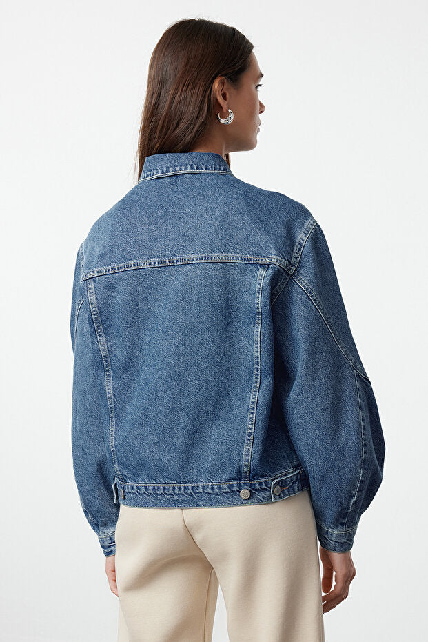 Blue Oversize Denim Jacket | Sleeve Seam Detail | AtikaStyle