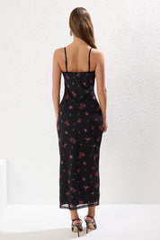 Women’s Black Floral Slip Dress – Lace Trim Midi Cami Dress | Atikastyle