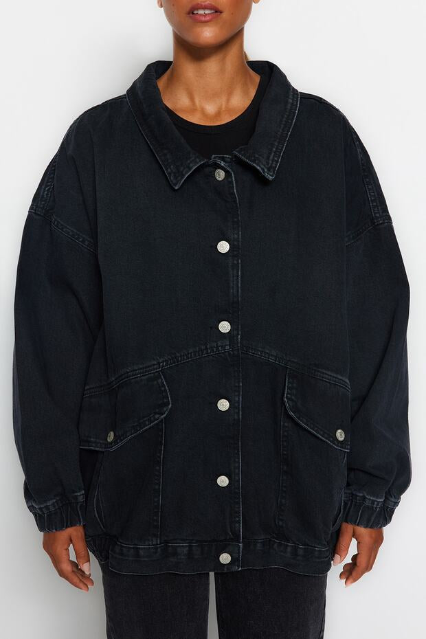 Black Oversize Denim Jacket | Pocket Detail | AtikaStyle
