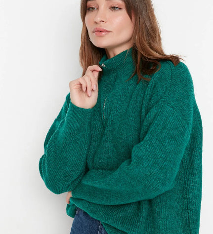 Women's Cozy Beige Quarter-Zip Knit Sweater with Ribbed Details