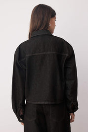 Black Oversize Denim Jacket | Pocket Detail, Regular Length | AtikaStyle