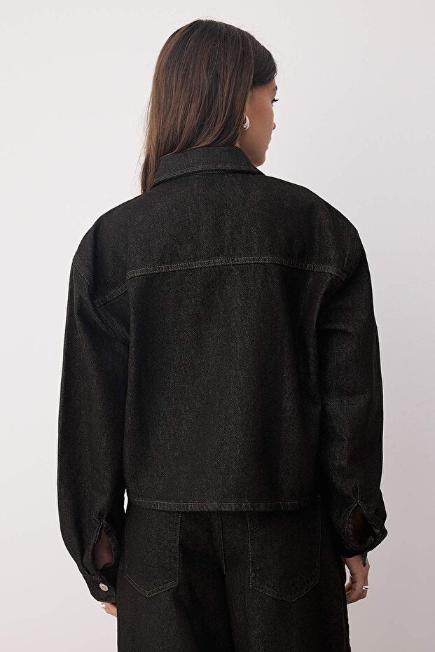 Black Oversize Denim Jacket | Pocket Detail, Regular Length | AtikaStyle