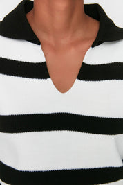 Women’s Black & White Striped Knit Polo Sweater – Casual Chic Long Sleeve Top | Atikastyle