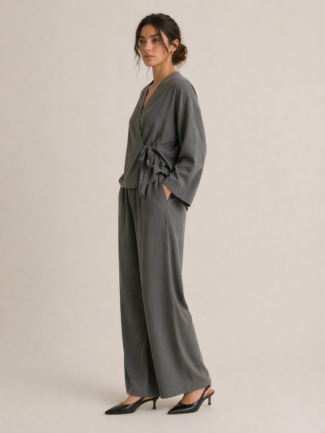 Charcoal Wrap Lounge Set | Relaxed Two-Piece Wide-Leg Outfit | AtikaStyle