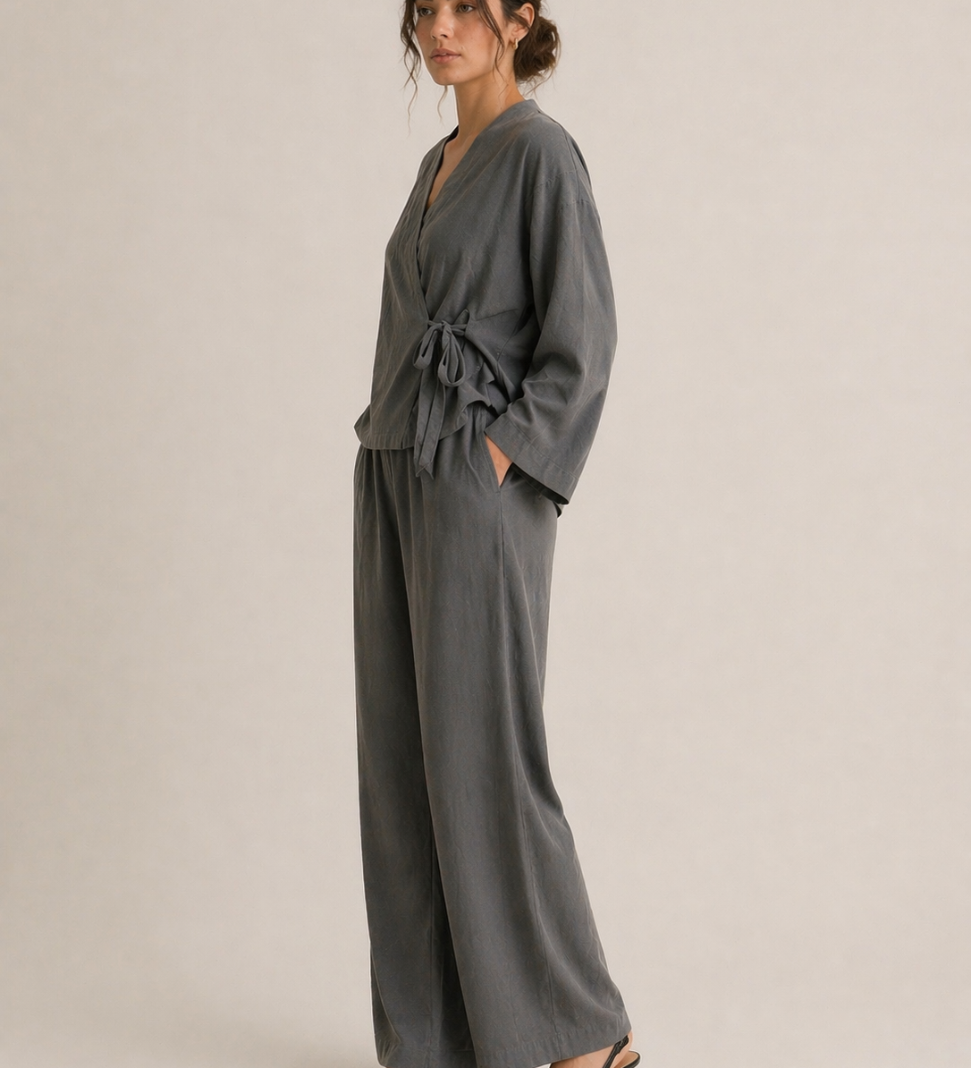     Side view relaxed fit charcoal lounge set soft breathable fabric