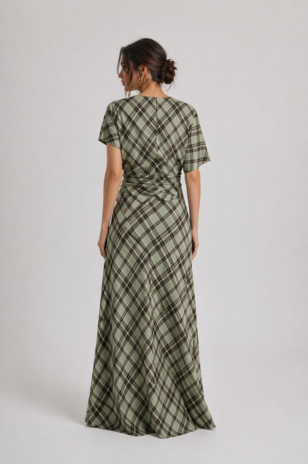 Sage Plaid Two-Piece Set | Draped Top & Maxi Skirt Matching Set | AtikaStyle
