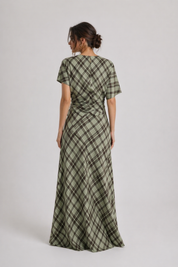 Sage Plaid Two-Piece Set | Draped Top & Maxi Skirt Matching Set | AtikaStyle
