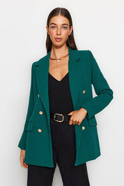 Emerald Oversize Woven Blazer | Lined Double‑Breasted Gold Buttons | AtikaStyle