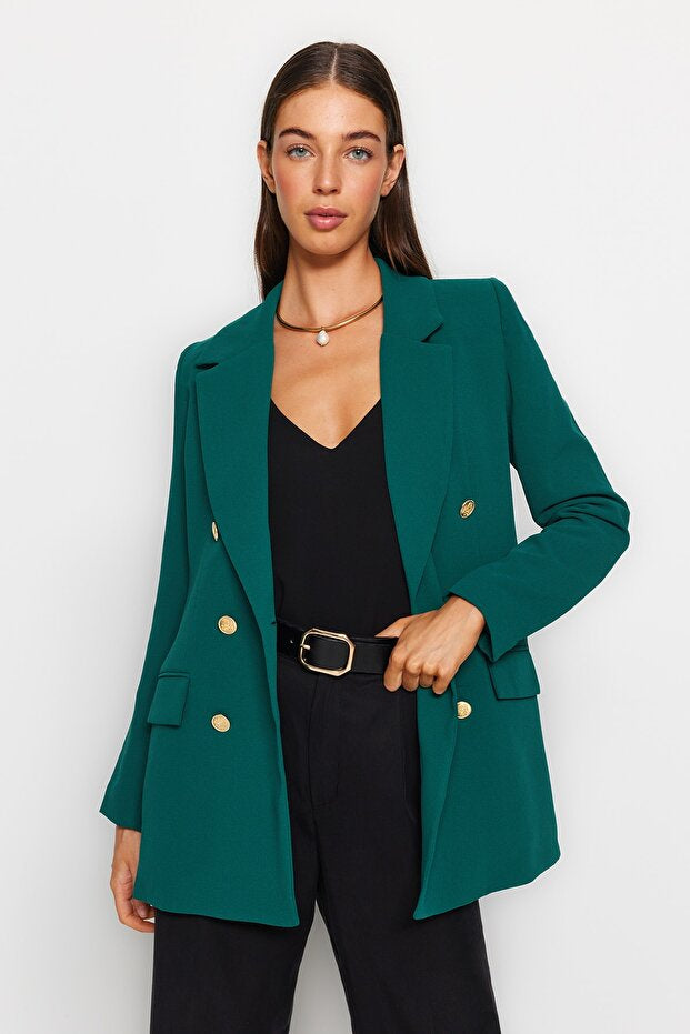 Emerald Oversize Woven Blazer | Lined Double‑Breasted Gold Buttons | AtikaStyle