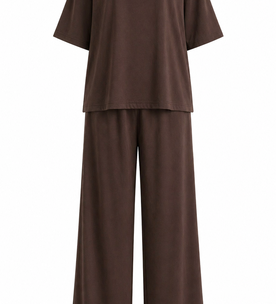  Brown lounge set two-piece outfit with soft fabric relaxed tee and wide-leg pants on white background