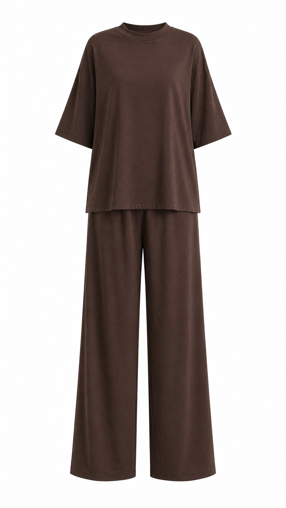  Brown lounge set two-piece outfit with soft fabric relaxed tee and wide-leg pants on white background