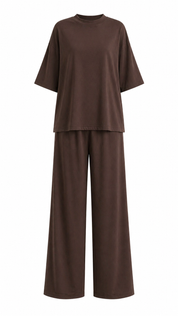  Brown lounge set two-piece outfit with soft fabric relaxed tee and wide-leg pants on white background