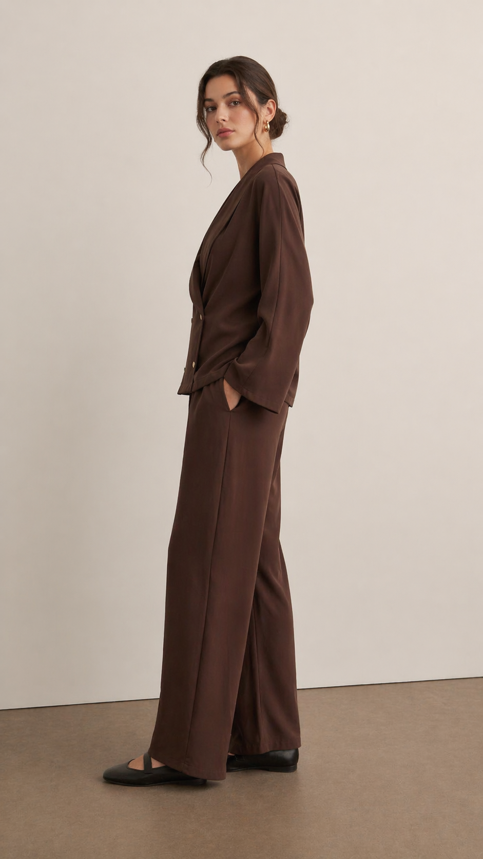 Chocolate Brown Draped Two-Piece Set | Wrap Blazer Top & Wide-Leg Trousers | AtikaStyle