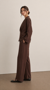 Chocolate Brown Draped Two-Piece Set | Wrap Blazer Top & Wide-Leg Trousers | AtikaStyle
