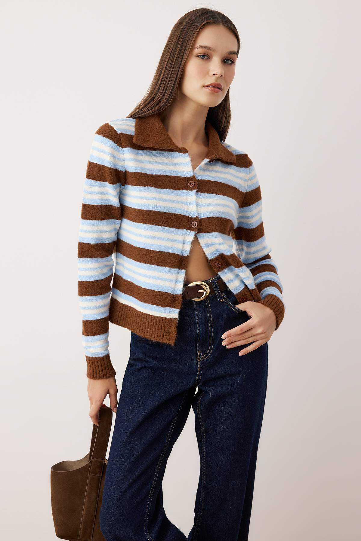 Brown Striped Knit Cardigan | Polo Collar, Long Sleeve, Wardrobe Essentials | AtikaStyle