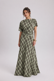 Sage Plaid Two-Piece Set | Draped Top & Maxi Skirt Matching Set | AtikaStyle