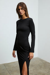 Black Knit Bodycon Maxi Dress | Long Sleeve, Side Slit | AtikaStyle