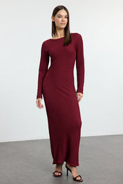 Burgundy Textured Knit Maxi Dress | Boat Neck Bodycon | AtikaStyle