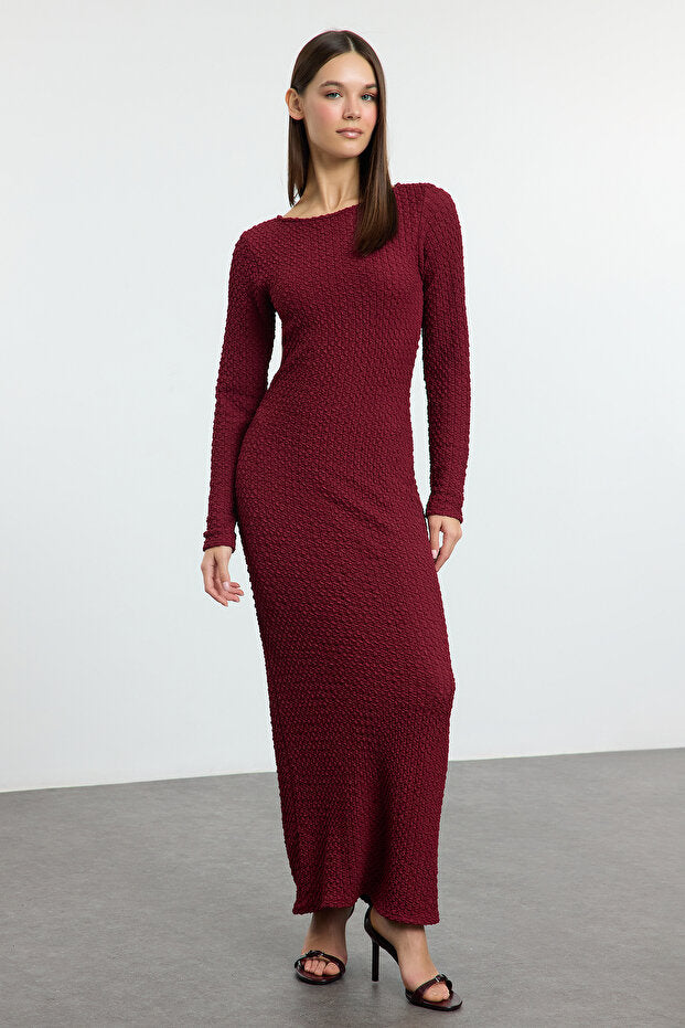 Burgundy Textured Knit Maxi Dress | Boat Neck Bodycon | AtikaStyle