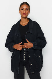 Black oversize denim jacket by AtikaStyle — pocket detail, shirt collar, long sleeve, unlined