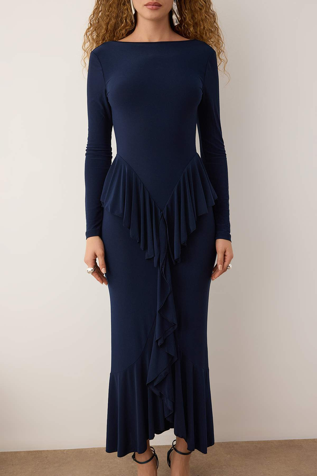 Navy Stretch Knit Maxi Evening Dress | Ruffle Peplum, Boat Neck, Long Sleeve | AtikaStyle