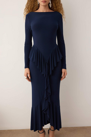 Navy Stretch Knit Maxi Evening Dress | Ruffle Peplum, Boat Neck, Long Sleeve | AtikaStyle