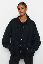 Black Oversize Denim Jacket | Pocket Detail | AtikaStyle
