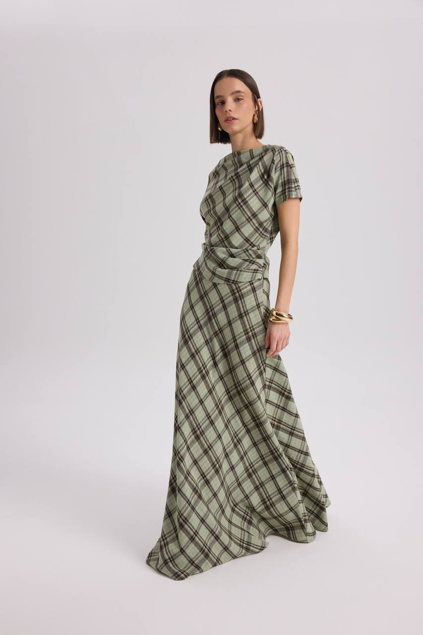 Sage Plaid Two-Piece Set | Draped Top & Maxi Skirt Matching Set | AtikaStyle