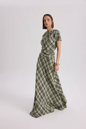 Sage Plaid Two-Piece Set | Draped Top & Maxi Skirt Matching Set | AtikaStyle