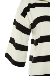 Women’s Black & White Striped Knit Polo Sweater – Casual Chic Long Sleeve Top | Atikastyle