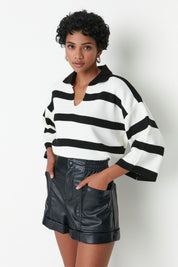 Women’s Black & White Striped Knit Polo Sweater – Casual Chic Long Sleeve Top | Atikastyle