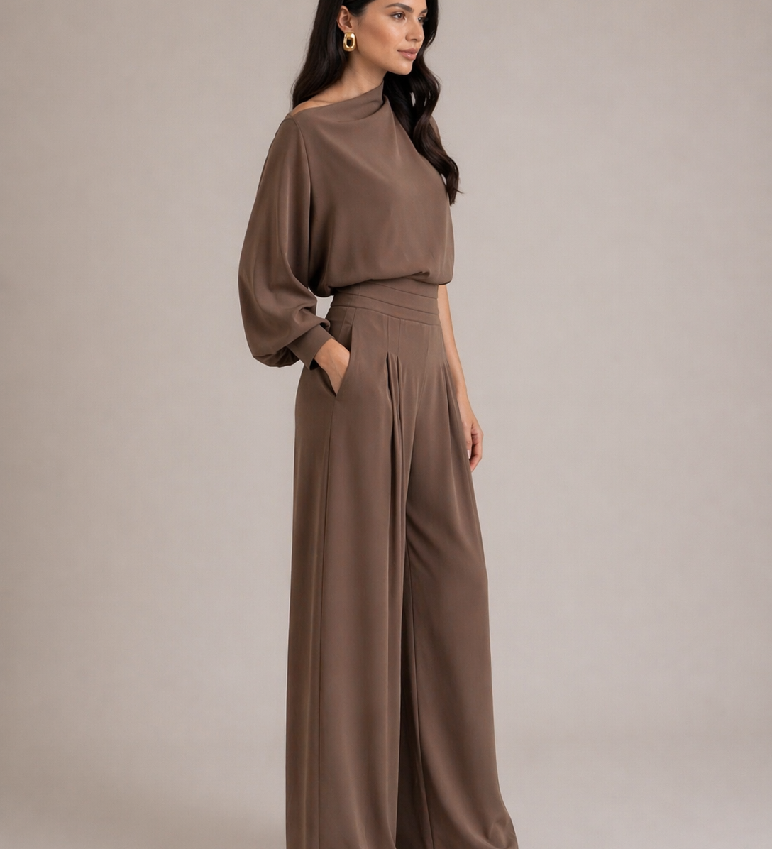 Side view of mocha satin matching set with flowy wide-leg pants and asymmetrical top