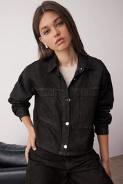 Black Oversize Denim Jacket | Pocket Detail, Regular Length | AtikaStyle