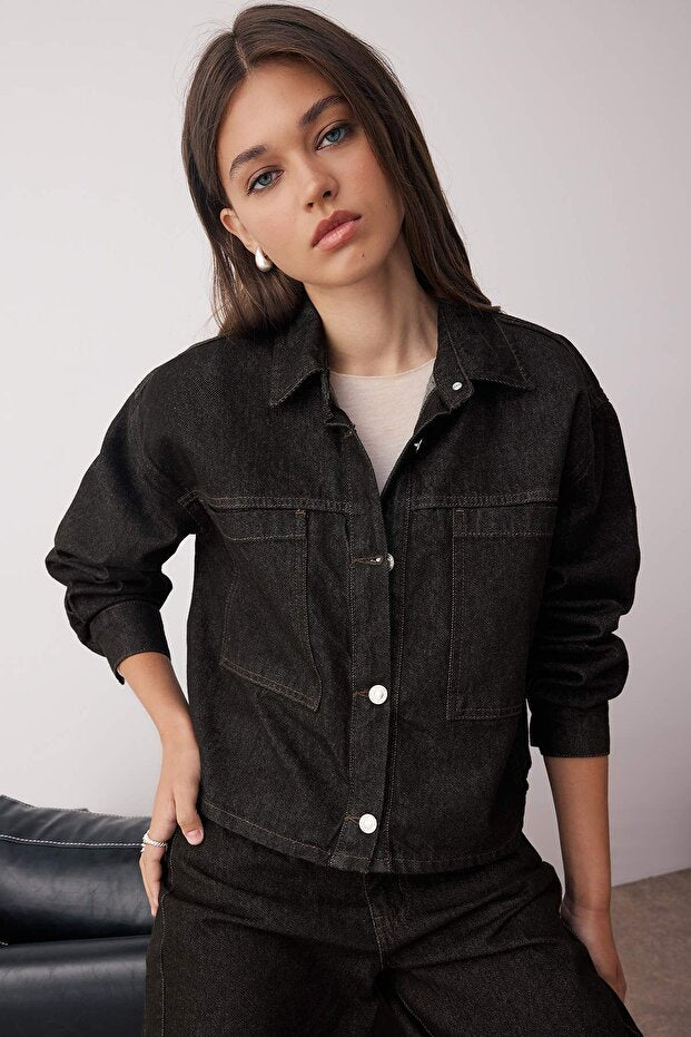 Black Oversize Denim Jacket | Pocket Detail, Regular Length | AtikaStyle