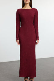 Burgundy Textured Knit Maxi Dress | Boat Neck Bodycon | AtikaStyle