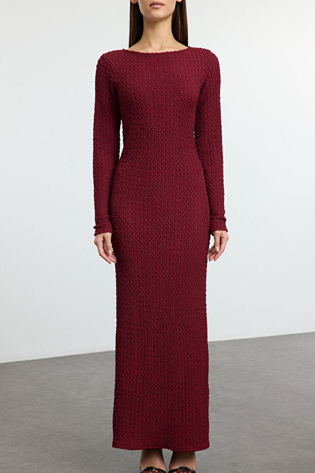 Burgundy Textured Knit Maxi Dress | Boat Neck Bodycon | AtikaStyle