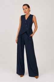 Navy Structured Tailored Vest & Wide Leg Pant Set | Asymmetrical Two-Piece Outfit | AtikaStyle