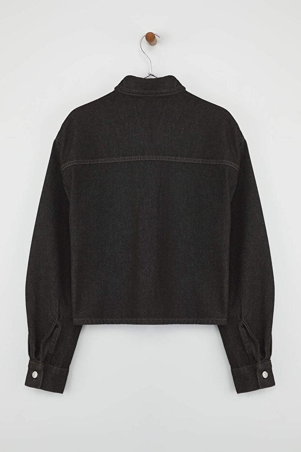 Black Oversize Denim Jacket | Pocket Detail, Regular Length | AtikaStyle