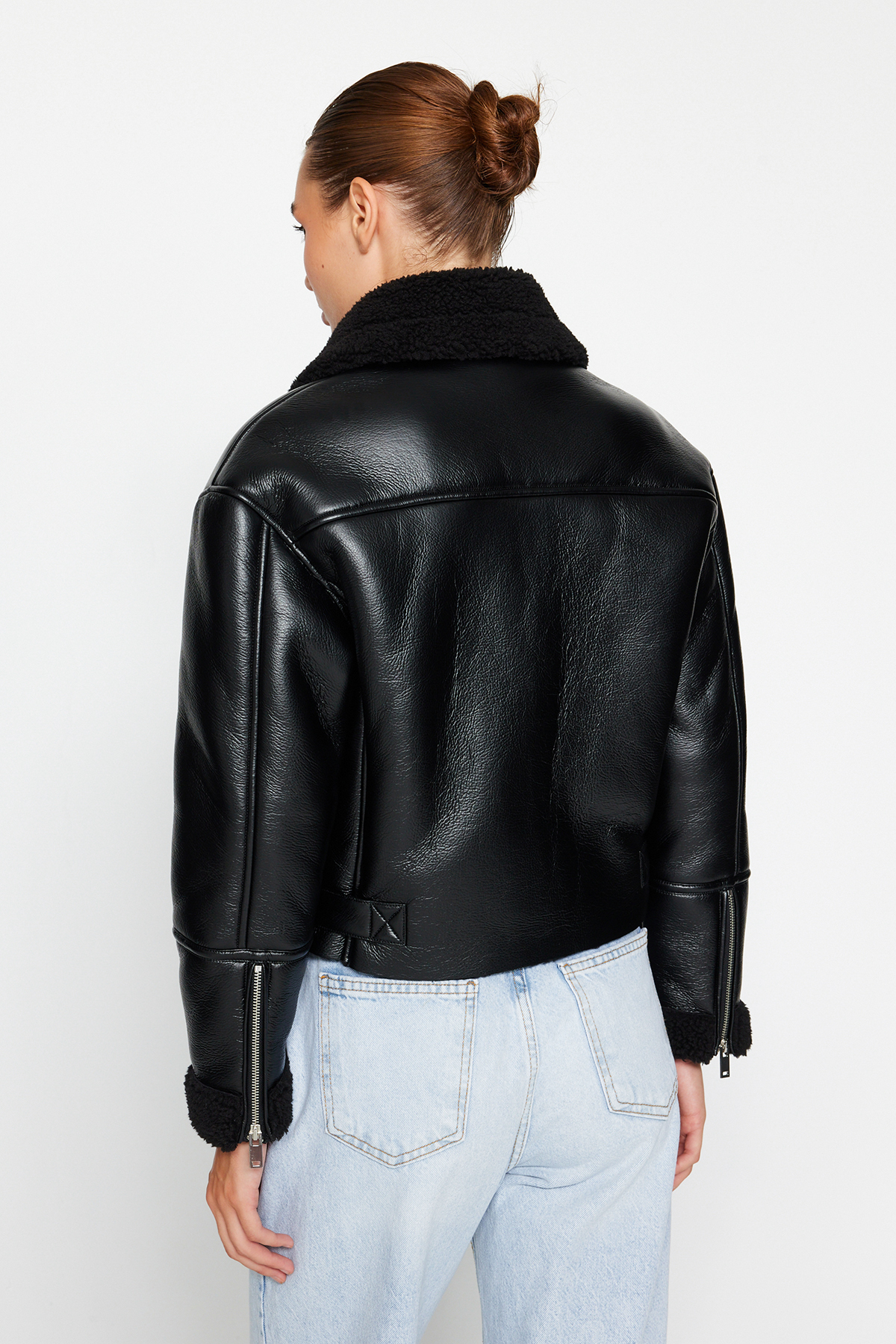 Black Faux Leather Biker Jacket | Plush Collar, Regular Fit | AtikaStyle