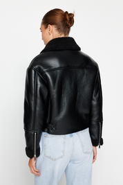 Black Faux Leather Biker Jacket | Plush Collar, Regular Fit | AtikaStyle
