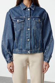 Blue Oversize Denim Jacket | Sleeve Seam Detail | AtikaStyle