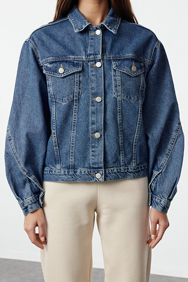 Blue Oversize Denim Jacket | Sleeve Seam Detail | AtikaStyle