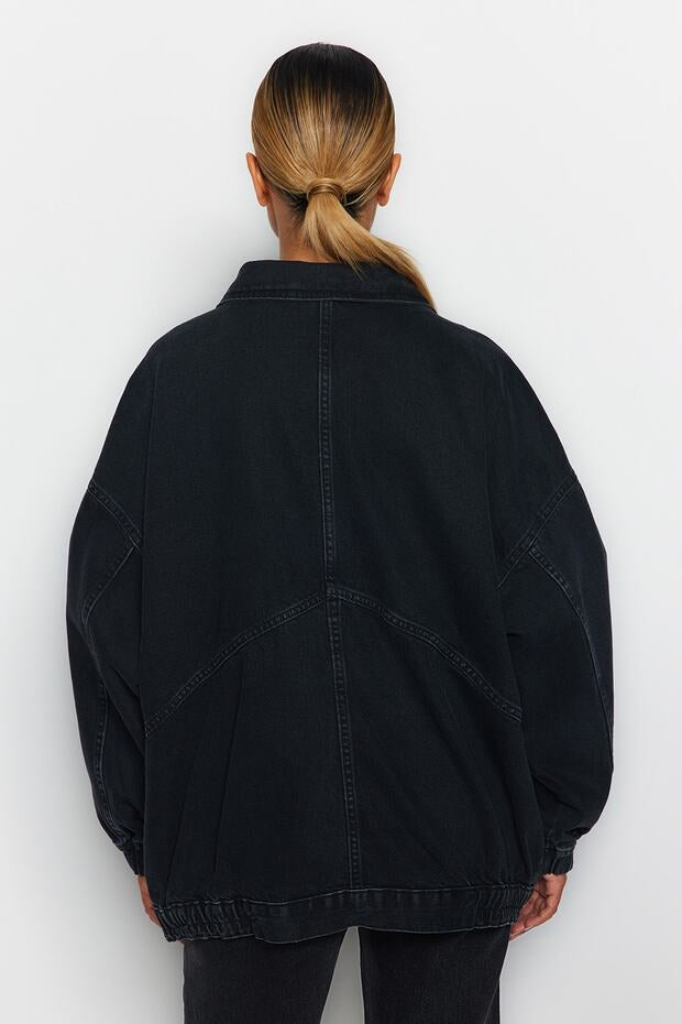 Black Oversize Denim Jacket | Pocket Detail | AtikaStyle