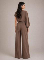 Mocha Satin Two Piece Set | Asymmetrical Draped Top & Wide-Leg Pants | AtikaStyle
