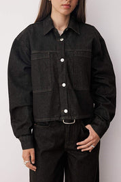 Black Oversize Denim Jacket | Pocket Detail, Regular Length | AtikaStyle