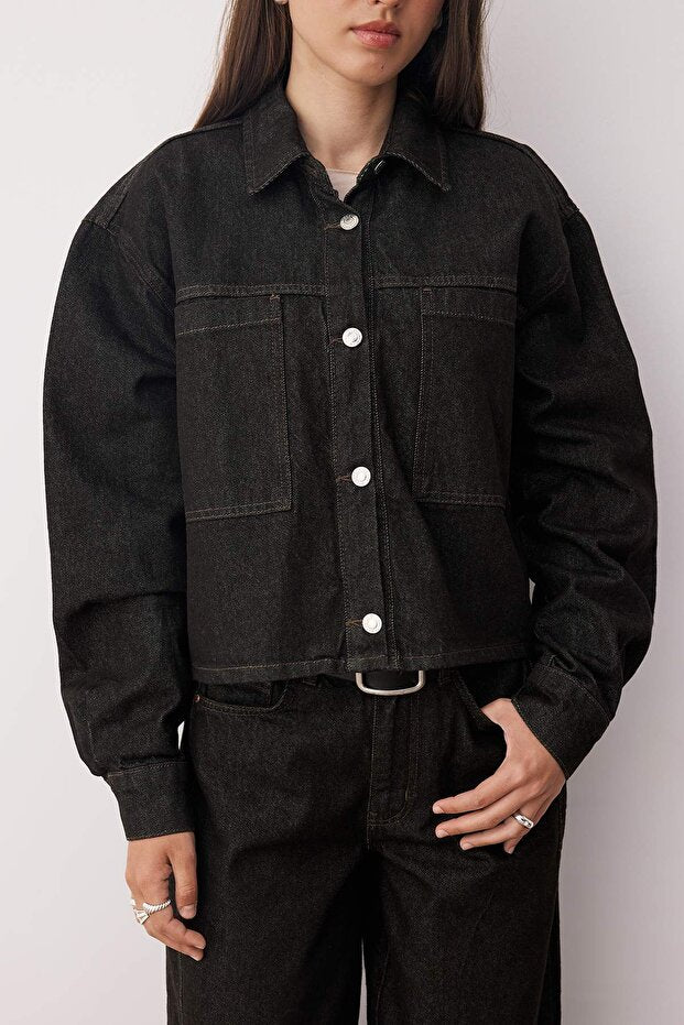 Black Oversize Denim Jacket | Pocket Detail, Regular Length | AtikaStyle
