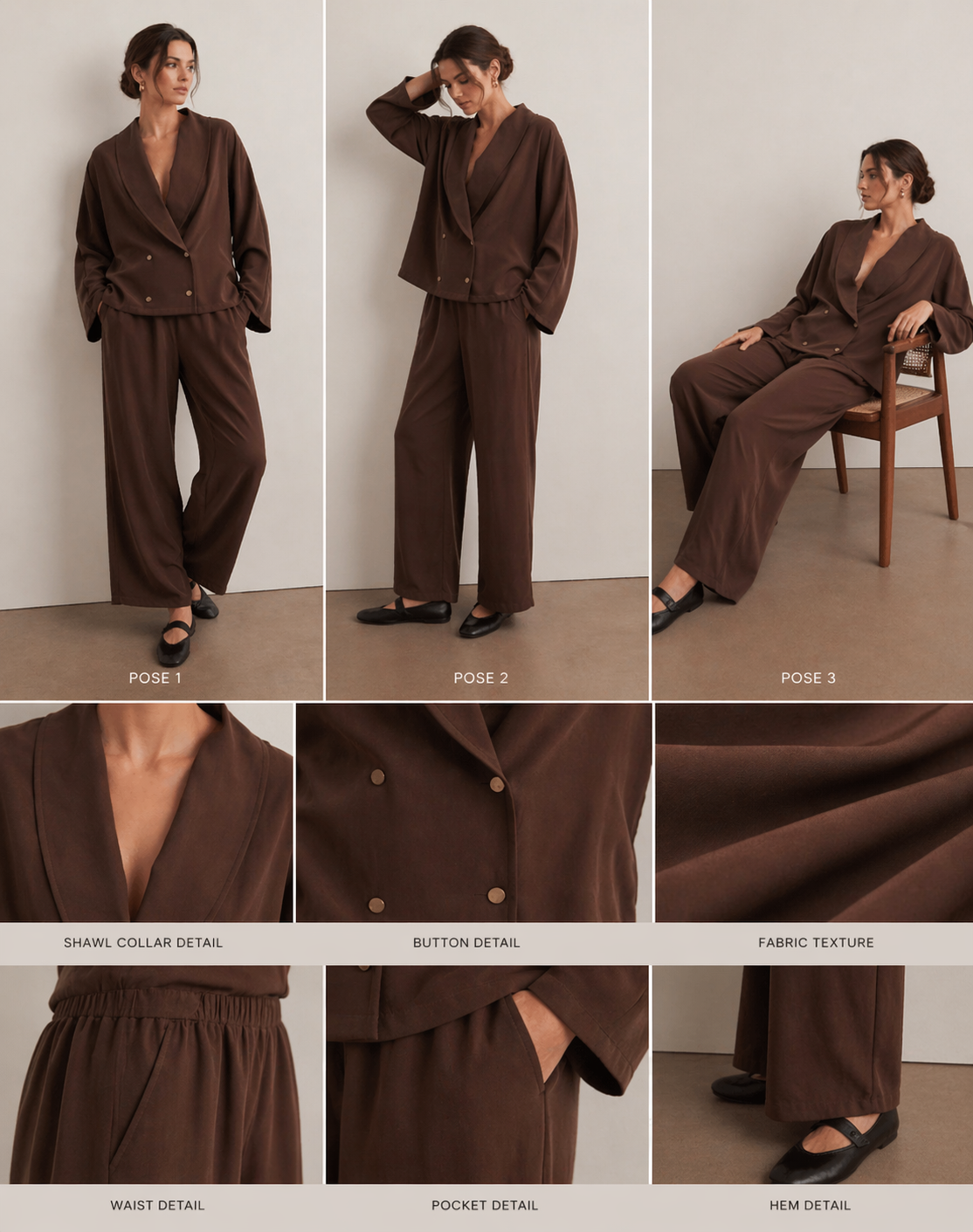 Chocolate Brown Draped Two-Piece Set | Wrap Blazer Top & Wide-Leg Trousers | AtikaStyle