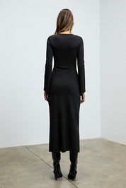 Black Knit Bodycon Maxi Dress | Long Sleeve, Side Slit | AtikaStyle