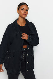 Black Oversize Denim Jacket | Pocket Detail | AtikaStyle
