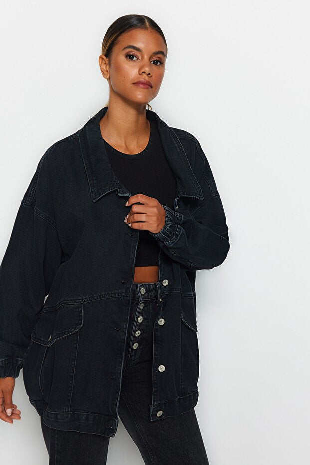 Black Oversize Denim Jacket | Pocket Detail | AtikaStyle